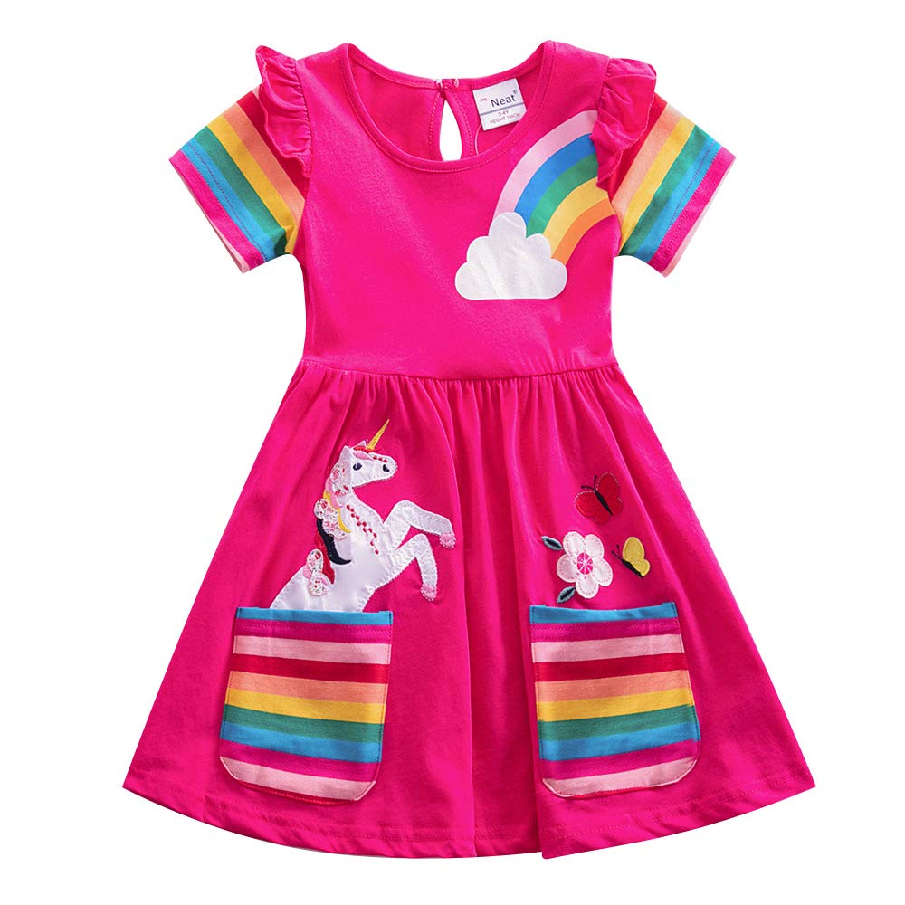 JUXINSUToddler Cotton Girl Summer Short Sleeve Dress Rainbow Pony Cartoon for Girls 3-7 Years