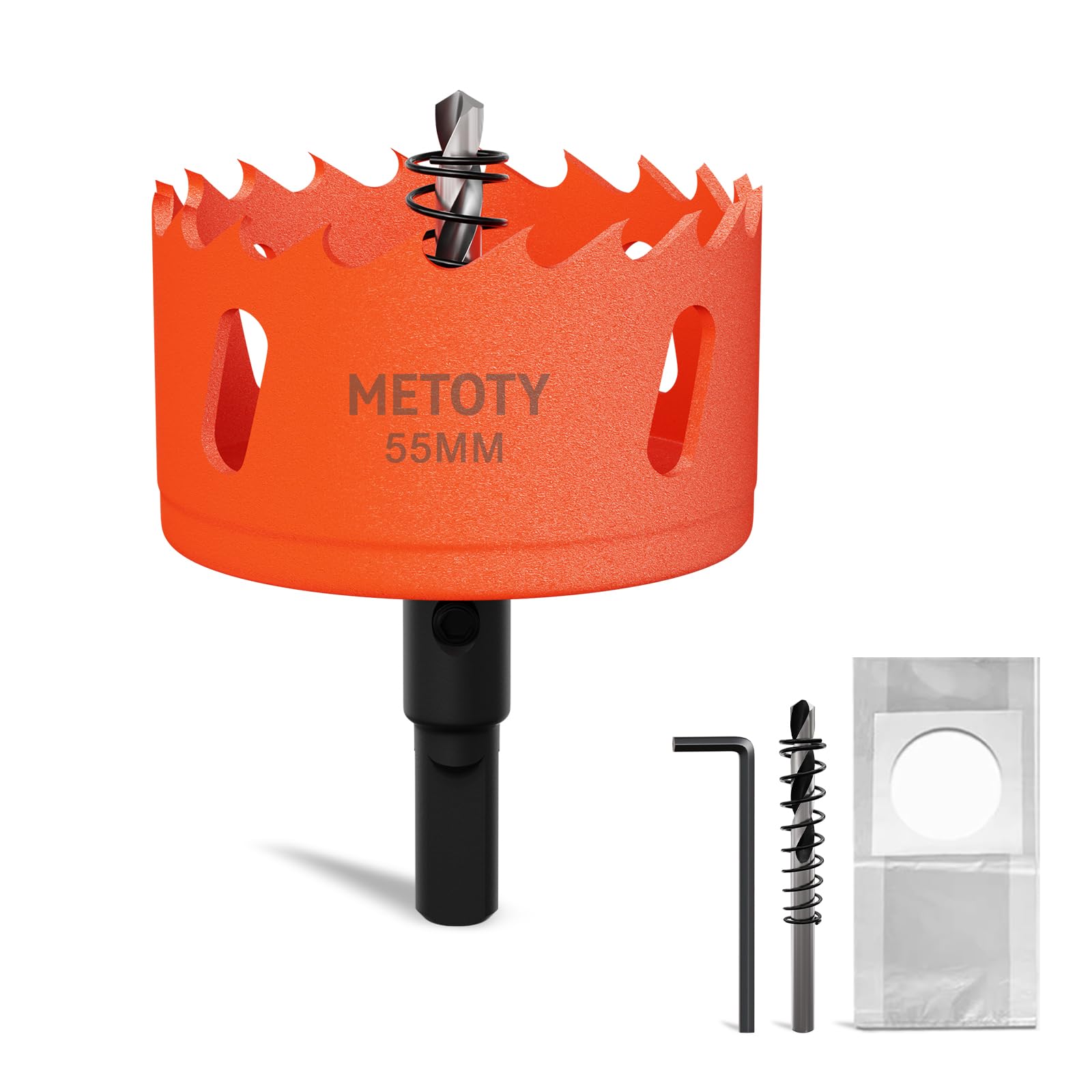 METOTY 55mm Bi-Metal Hole Saw,Universal HSS M42 Hole Saws,with Triangular Shaft Adapter and Centring Drill, One Free Dust Bag for Aluminum, Metals, Plastics, Acrylic Glass, Wood, Gypsum board