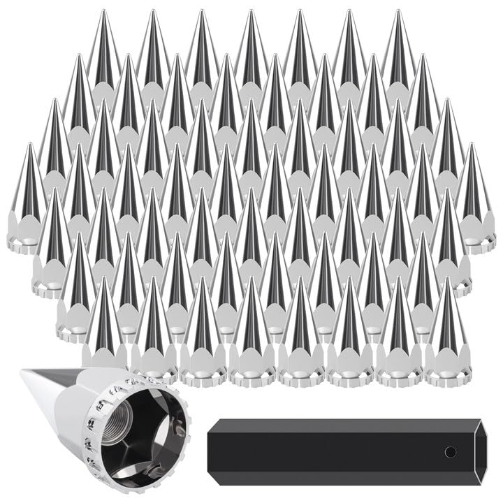 Image of 60 Pack Spike Lug Nut Covers, 33mm x 4 3 /4 inch Chrome Spike Nut Cover Caps for Semi Truck, Trailer, Tractor, Rustproof ABS with Nut Cover Socket