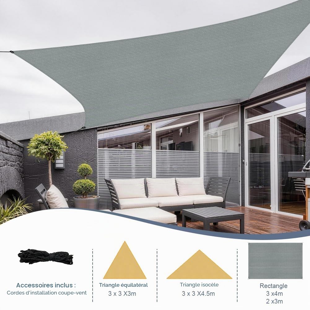 Voile d'ombrage Rectangulaire, 3 x 4M Toile Ombrage Imperméable | Protection Solaire, Protection UV 90%, HDPE, Voile Ombrage Jardin avec Cordons, pour Patio,Terrasse,Balcon(Gris Foncé)