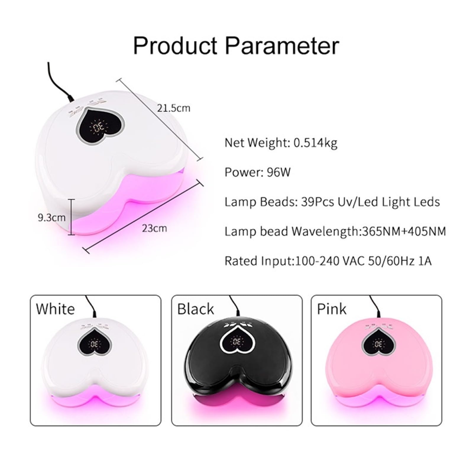 Lampa UV do paznokci, Lampa LED UV do paznokci 96 W UV-LED Profesjonalny kształt serca utwardzająca lakier żelowy Różowe światło słoneczne Suszarka Maszyna manicure Z kryształem górskim(Pink)