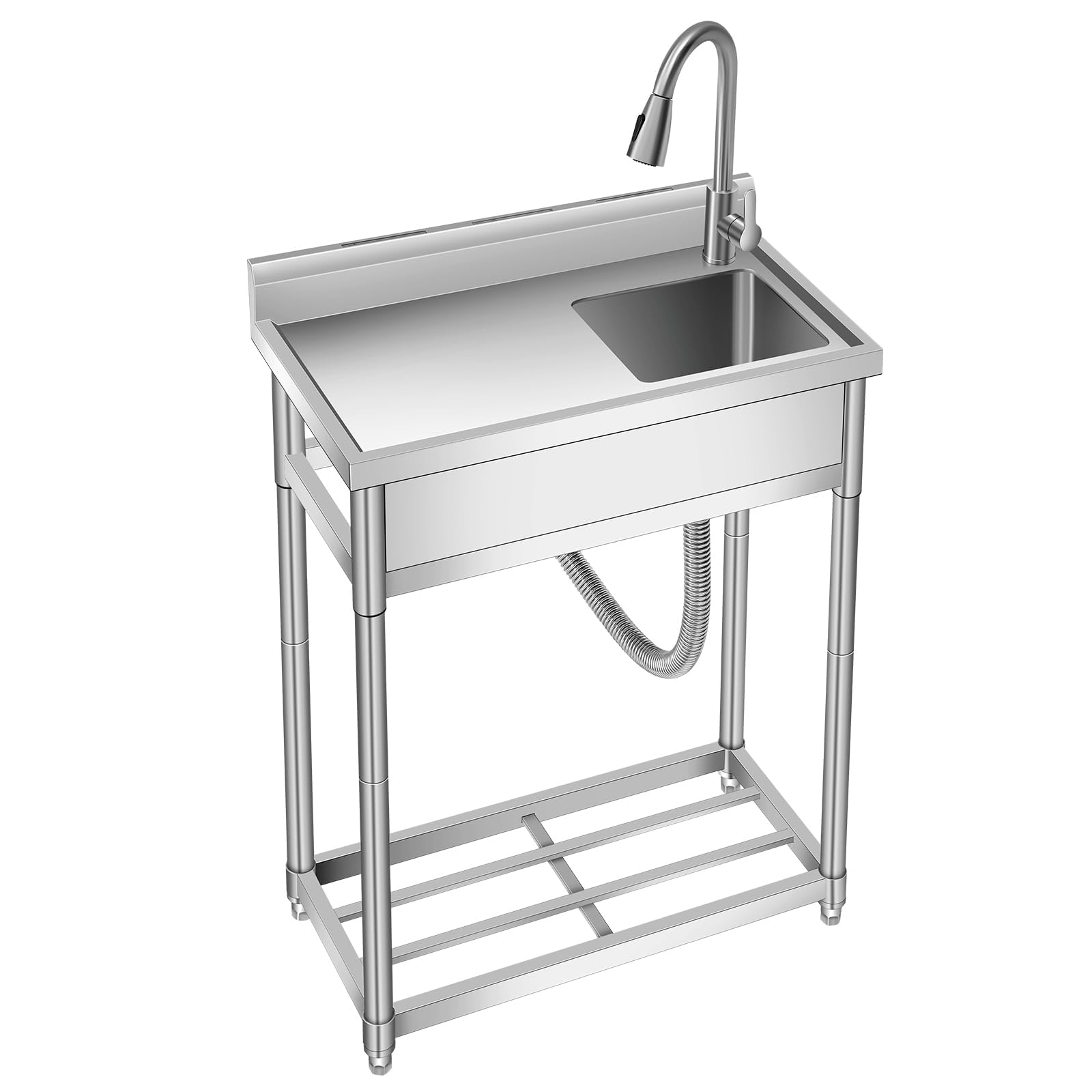 Fregadero utilitario independiente de acero inoxidable con cubeta única, encimera integrada y respaldo – Grado comercial, resistente a la oxidación y fácil de limpiar – Para lavandería, garaje y