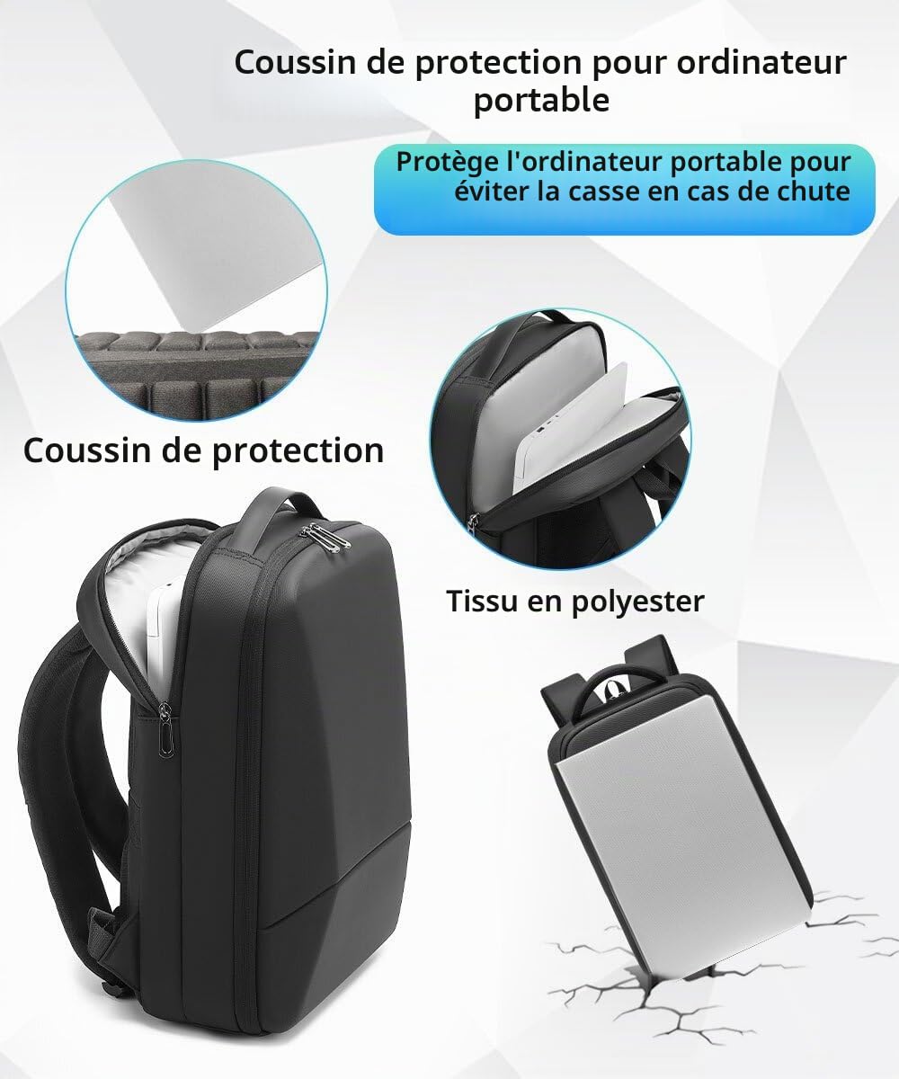 Sac à Dos pour Ordinateur Portable 15,6" pour Homme avec Port de Charge USB Étanche Professionnel Noir