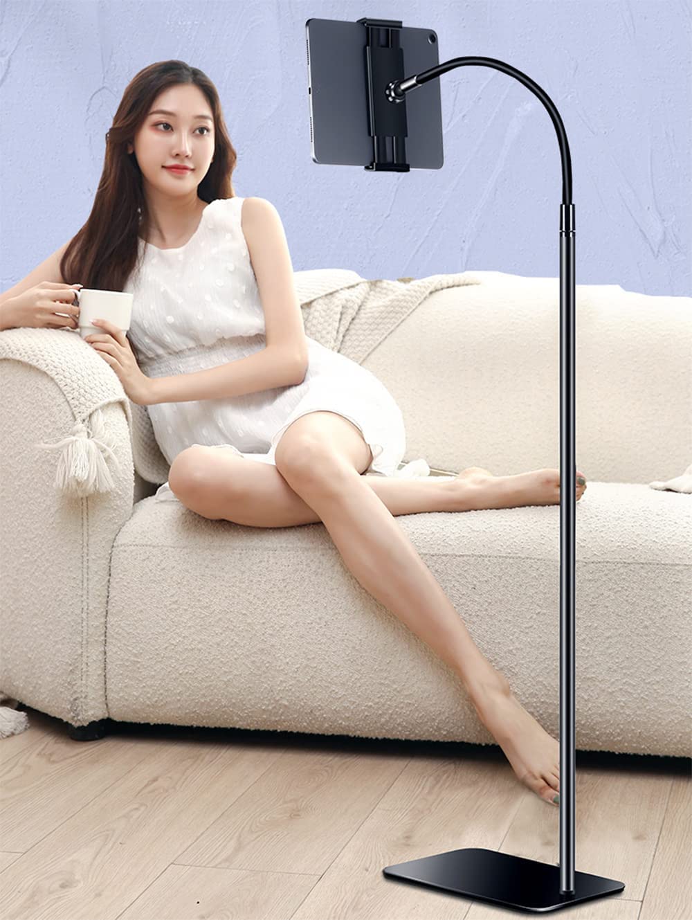 TBSITNS Phone Holder Aluminum Mobile Holder Adjustable Mobile Stand Foldable iPhone holder 4 "-11" Device Universal (White Rectangular Base) (Black Goose Neck Bracket)