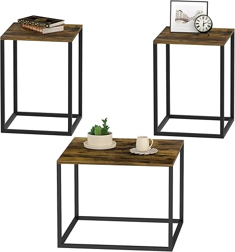 Unihouse Juego de mesa de centro cuadrada pequeña para sala de estar, 3 piezas de mesa de café rústica marrón y juegos de mesa auxiliar, marco de