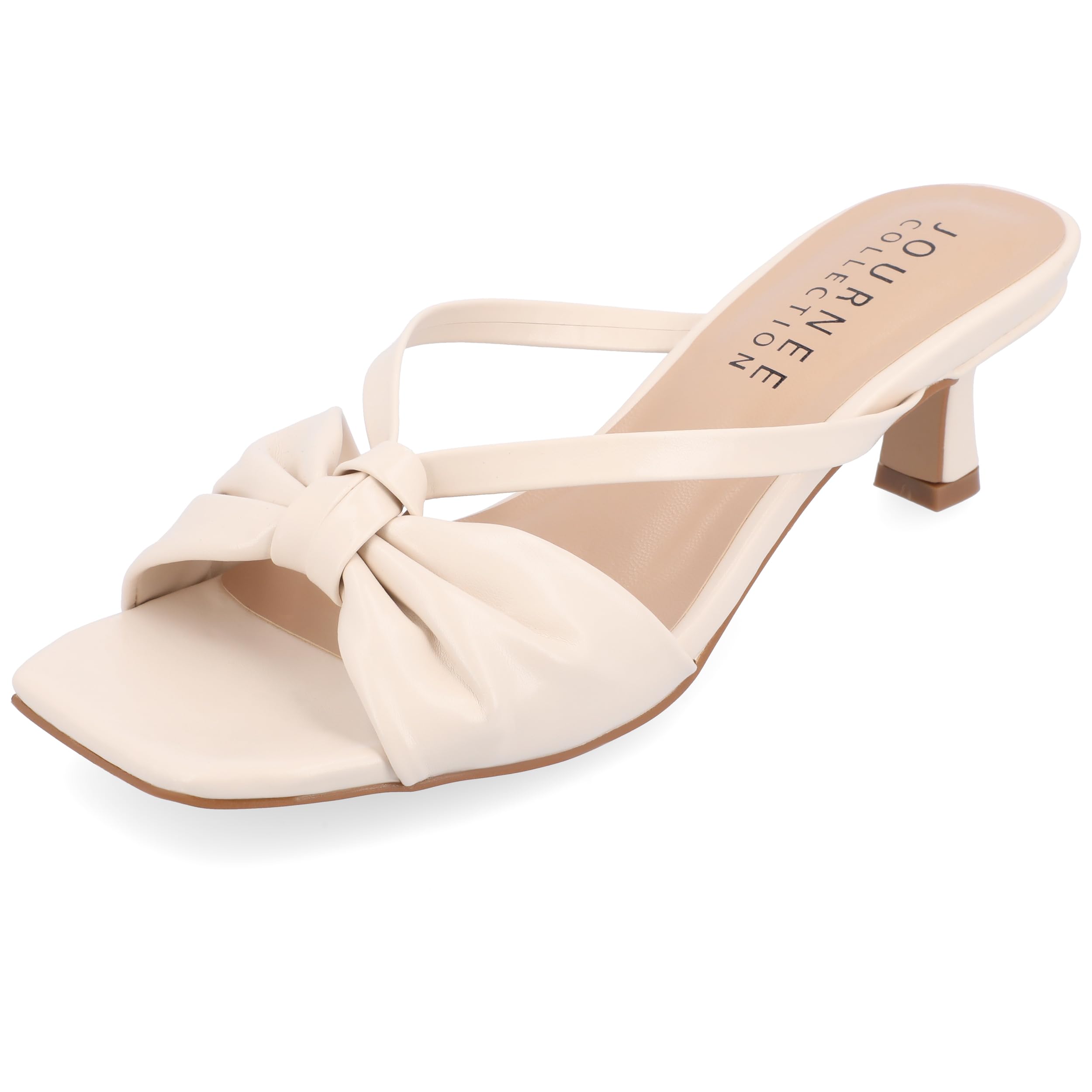 Journee Womens Strappy Bow Slip On Open Square Toe Stiletto Low Kitten Heel Padded Slide Starling Pumps