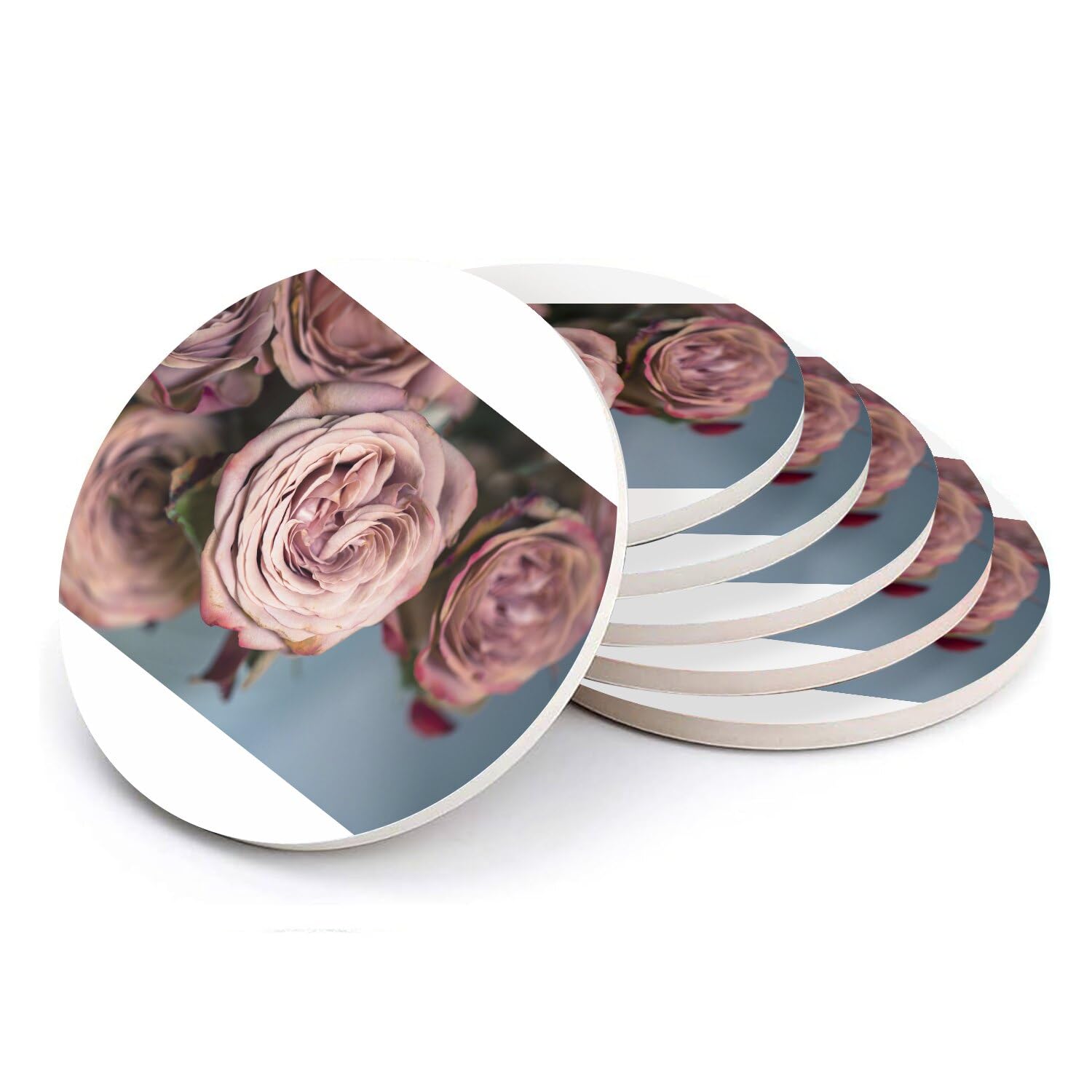 Sous-verre ronds en céramique vintage avec imprimé bouquet de roses bleu