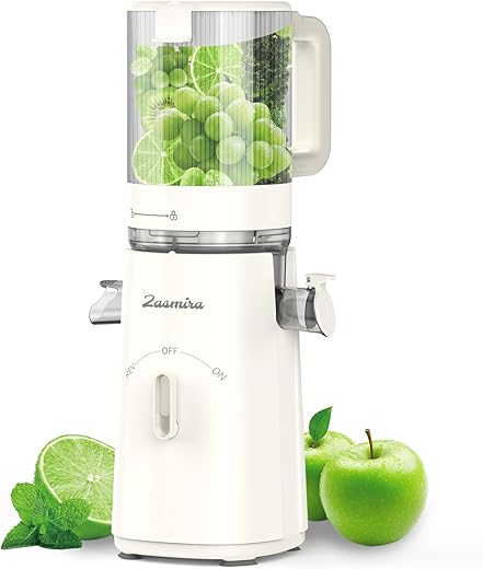 Cold Press Juicer, Zasmira Juicer Machines with Large Feeding Chute, Powerful Slow Juicer with Pulp Seperation, 99.6% Juice Purity, Easy to Clean, White