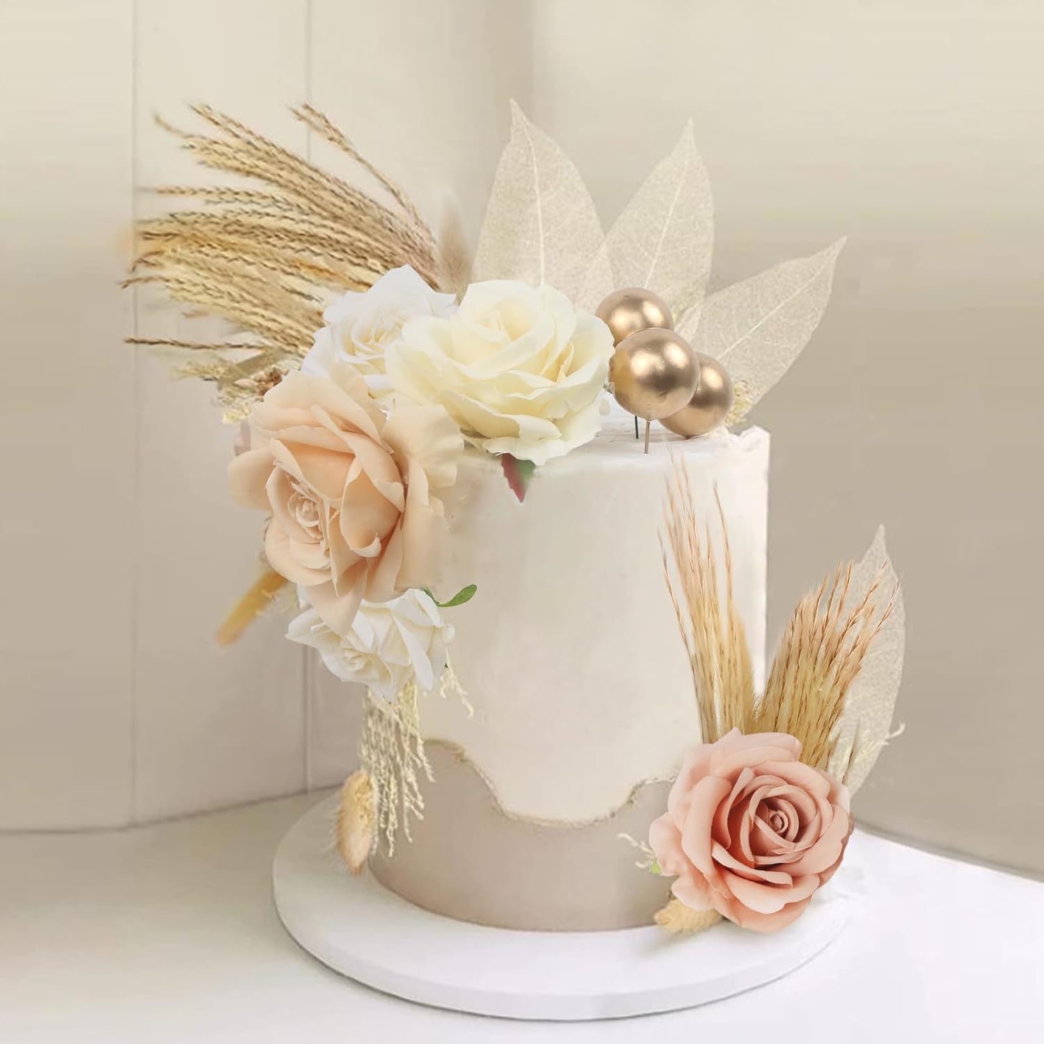 MIFKLMV 28 PCS Boho Cake Decorations, Floral Cake Decorations - Dried Flowers for Cake Rose Leaves Balls Birthday Cake Decorating Toppers for Wedding Party Boho Decor