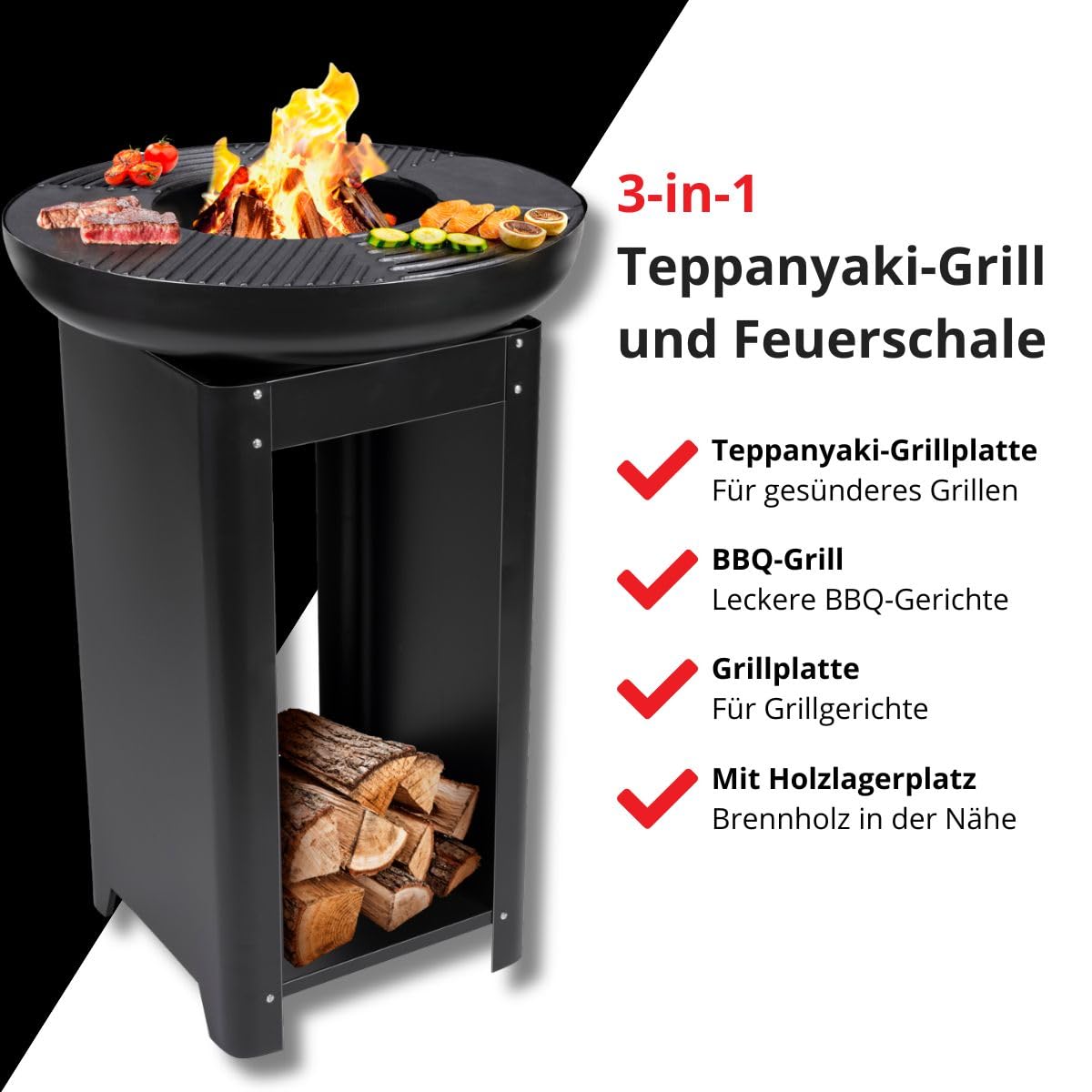 BBQ Collection 3-in-1 Feuerschale mit Grillrost - Feuerkorb 61 x 90 cm - Outdoor Küche mit Teppanyaki und BBQ Grillplatte - Plancha BBQ mit Holzlagerplatz - Gartenkamin für Außen - Metall