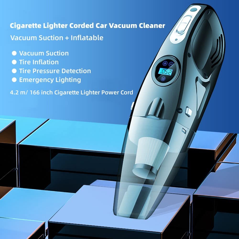 Aspirador de coche con cable con bomba de aire, aspiradoras de mano de alta succión 12000pa, inflador neumáticos de coche digital con manómetro, apagado automático y luz LED, aspiradora de mano 12 V