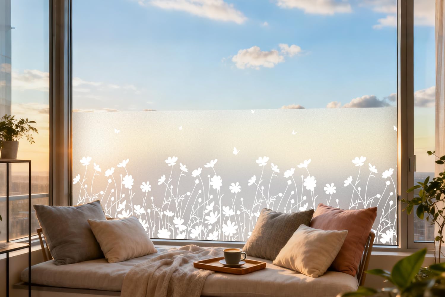 DKTIE Window Privacy Film Flowers Pure White Pattern Stained Glass Window Film Decorative Frosted Glass Window Film Sun Blocking Heat Control Static