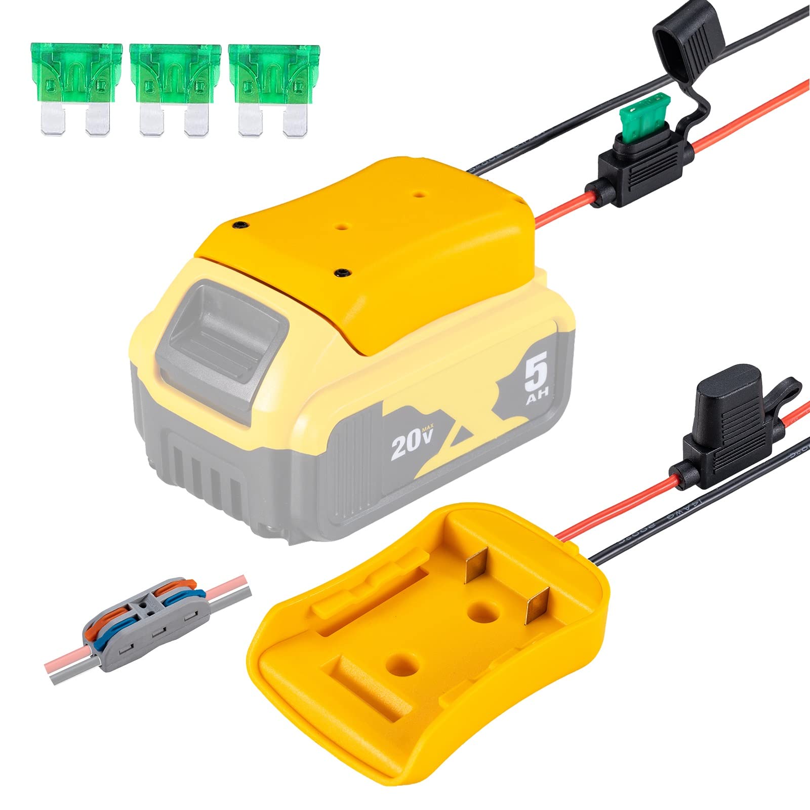 Power Wheel Adapter Compatible for Dewalt 20V Battery with Fuse & Wire terminals, fit for Dewalt 20V DCB206 DCB200; Power Wheel Battery Converter for Robotics, DIY use