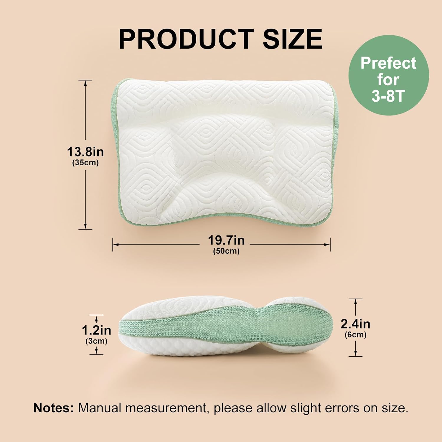 Reidio 1Pc Toddler Pillows with Removable Cotton Pillowcase Ergonomic Design Toddler Pillows for Sleeping Toddler Neck Pillow Kids Pillows Machine Washable 14x20in (Blue Green) - Image 2