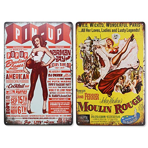 QUMENEY Lot de 2 plaques murales Vintage en métal, Sexy Pinup Girl Motif Décoration Murale Art Tin Signe pour Café Bar Pub Bière (30x20cm / 11.8x7.9in)