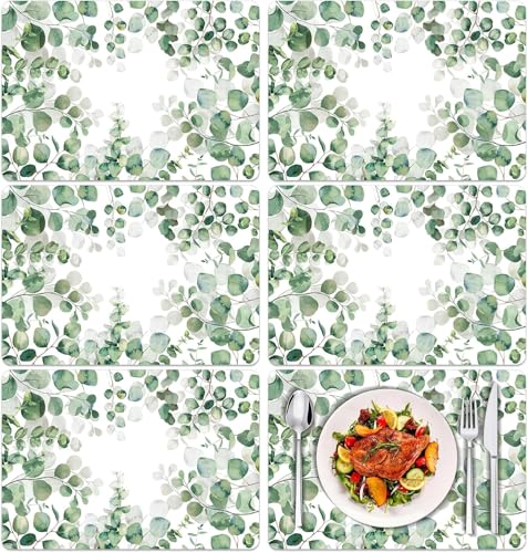 Eukalyptus Tischsets 6 Stück, Grüne Eukalyptus Blätter Platzsets 40x28 cm, Hitzebeständig, rutschfest, Abwischbar, Lebensmittelecht Blätter, Esstisch Dekorativ für Küche Urlaub Party