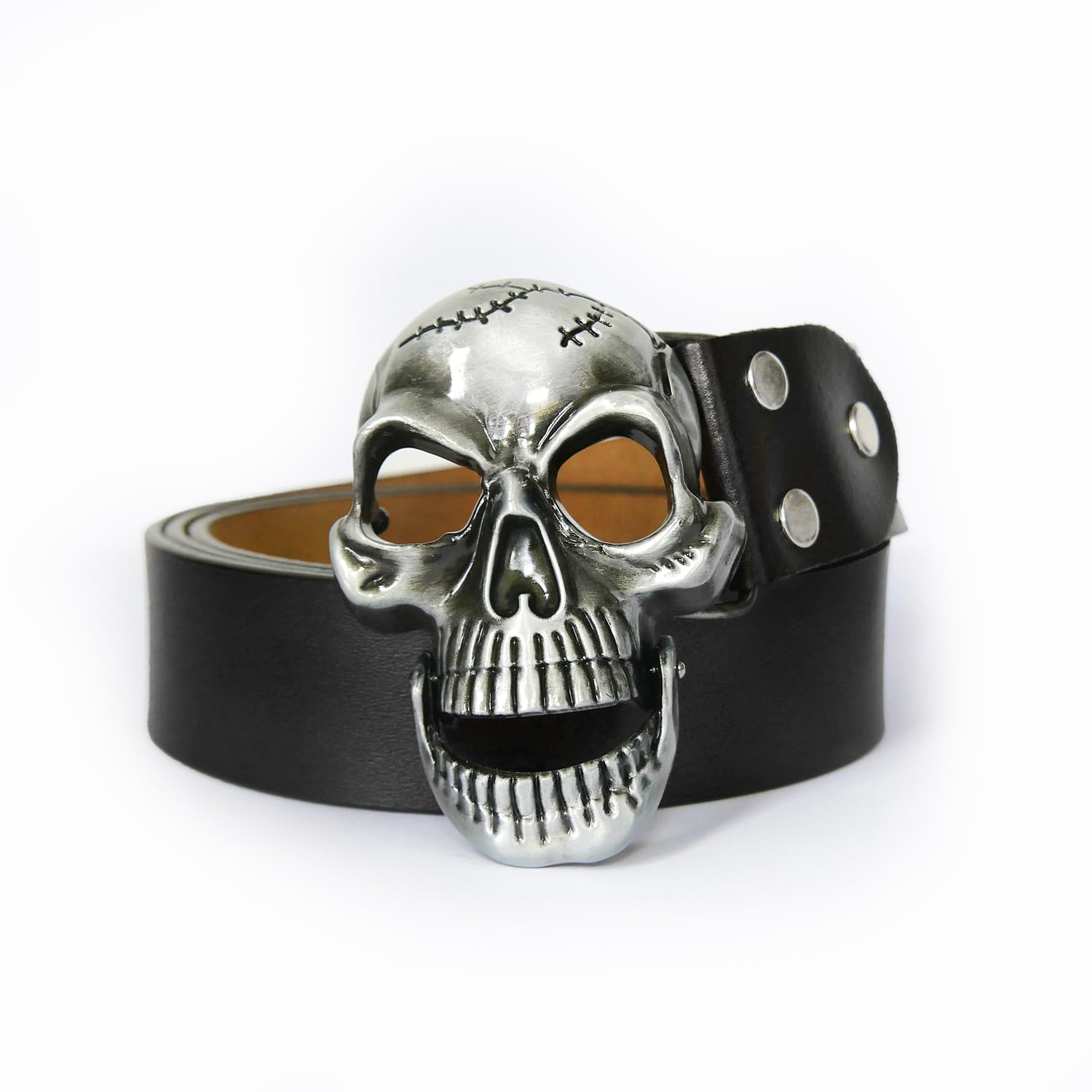 POSKLA Men's Skull Head Buckle Leather Belt Waist Band, Jeans Decorative Punk Belt (BLACK)