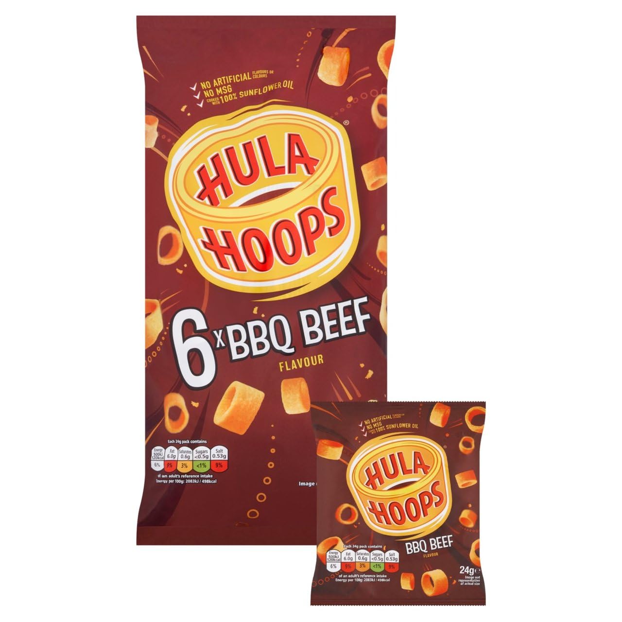Hula Hoops BBQ Beef Crisps, Multipack, 6 Packs, 24g Each, Cooked with 100% Sunflower Oil, No Artificial Flavours or Colours, No MSG, Suitable for Vegetarians