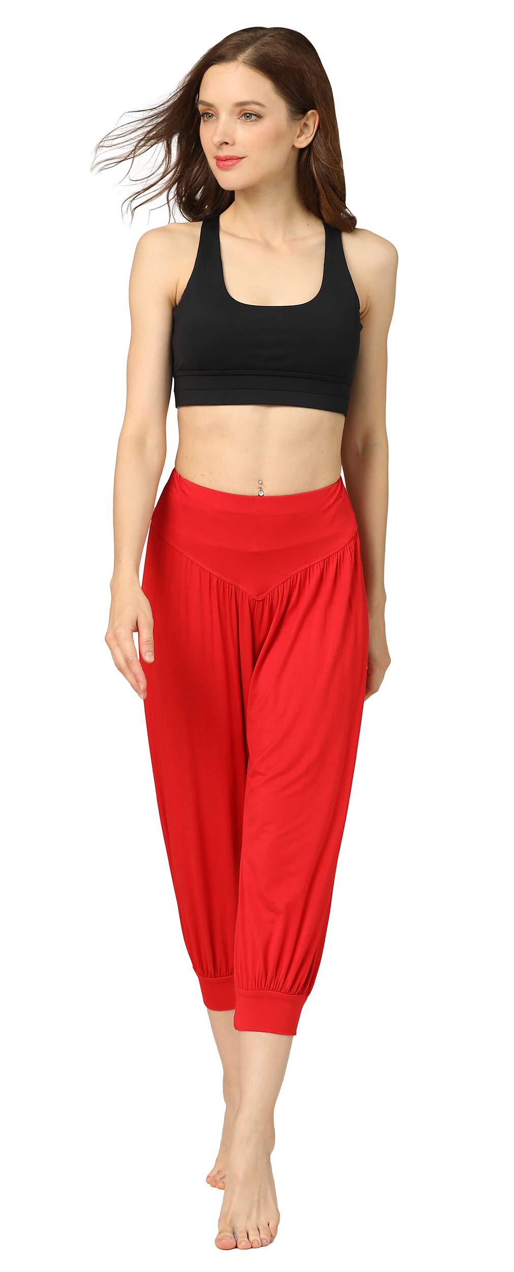 HOEREV� Women's Super Soft Modal Spandex Harem Yoga Pilates Capri Pants Red Small