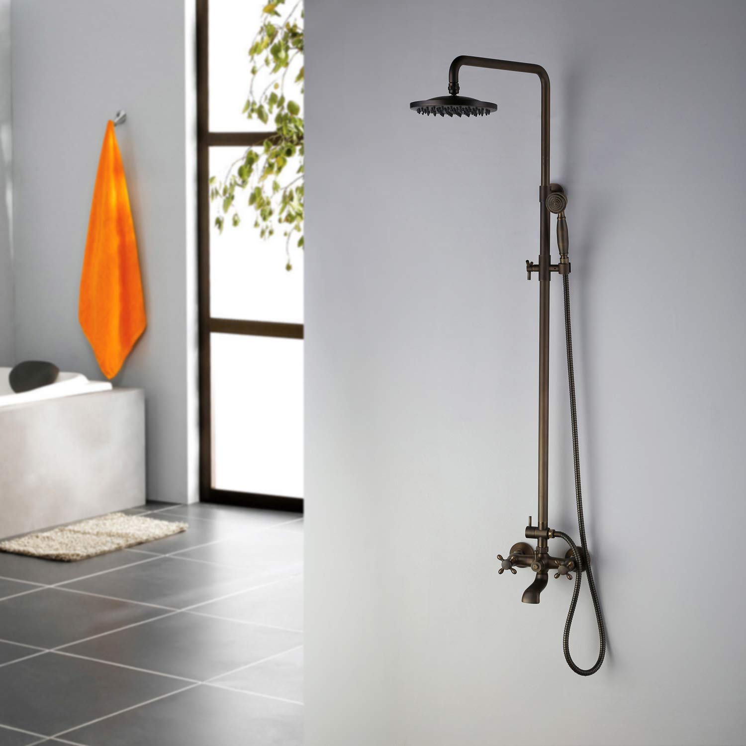 NGDFGR Wall-Mounted 8 In Top Spray Shower Faucet Ceramic Valve Antique Brass Shower Bathroom Rainfall With Spray Shower Brass Faucet Set, B,A