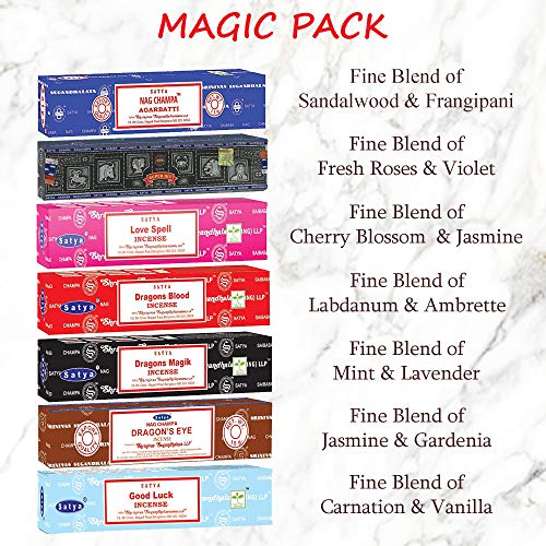 Image of Satya Incense Sticks Gift Set, 7 Scents, Nag Champa, Super Hit, Dragon's Blood, Sandalwood, Patchouli, Lavender, Positive Vibes, 15g Each (Magic Mix)