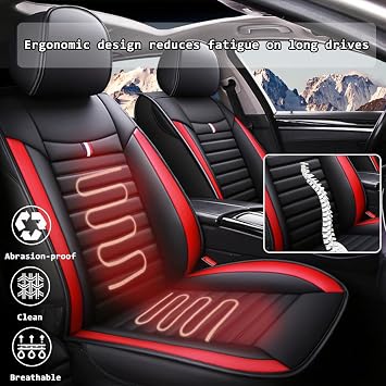Car Seat Covers Full Set, Universal Synthetic Leather Front & Rear - Waterproof Car Cushions, Seat Cover Protectors for Honda Accord CR-V Civic HR-V Honda E Insight Jazz (Red)