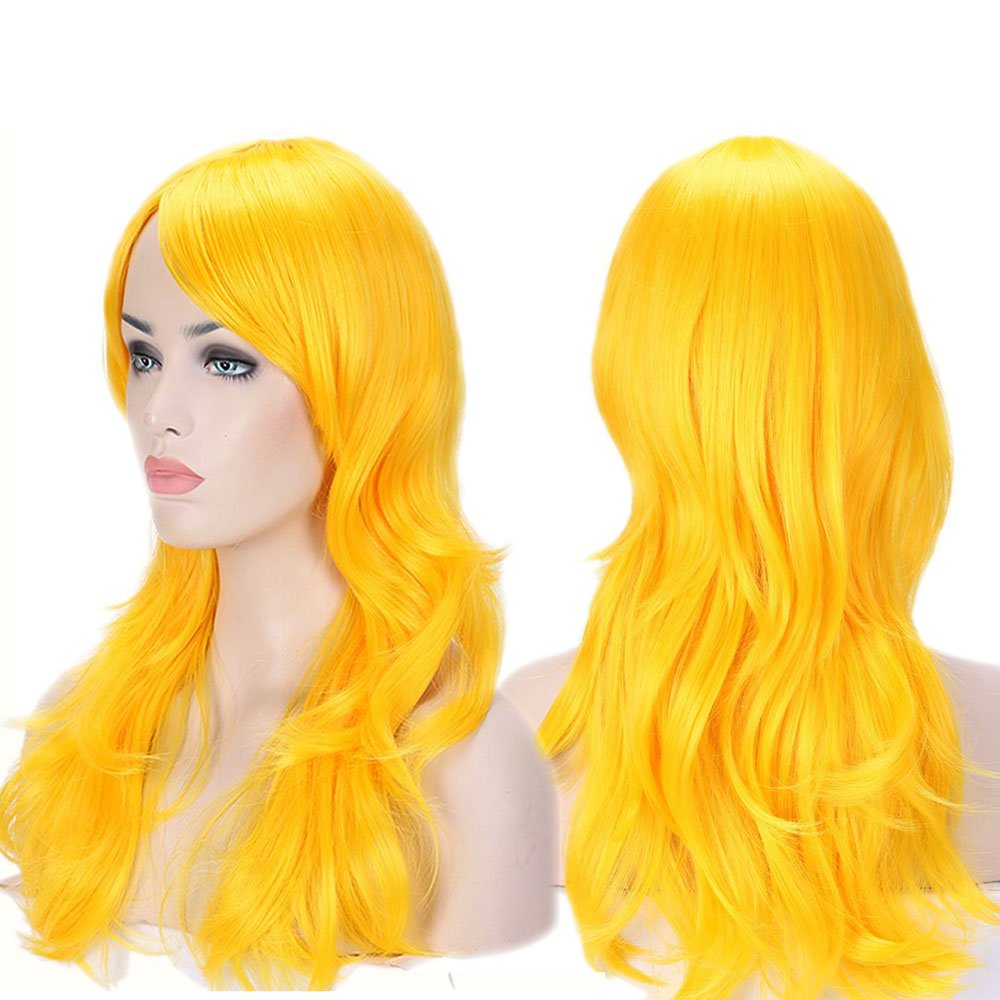 S-noilite Anime Cosplay Wigs Synthetic Long Curly Fluffy Yellow Cosplay Wigs Micro Curly Full Party Costume Wig Layered with Bangs and Cap Halloween