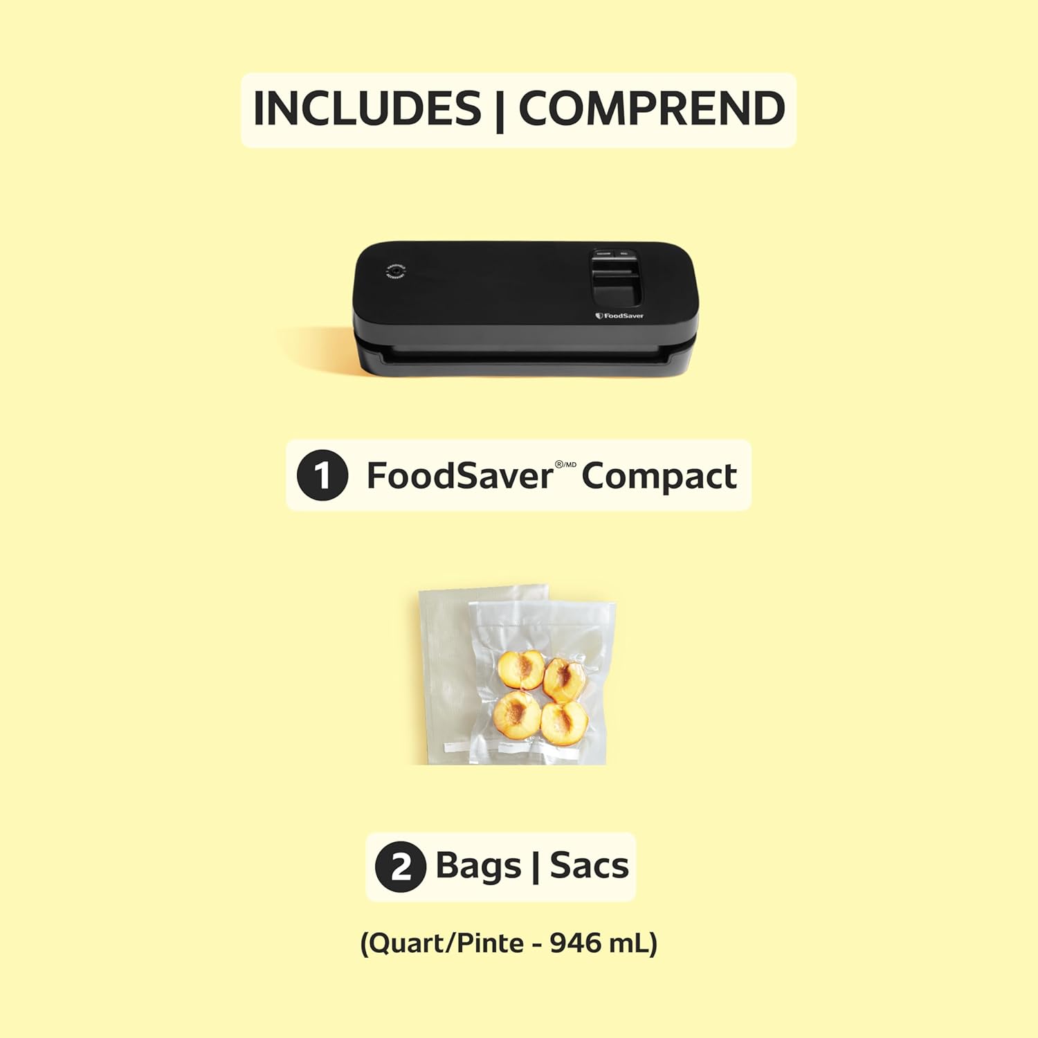 FoodSaver Space Saving Food Vacuum Sealer, Black with 2 Quart Vacuum Seal Bags, Pack of 1, Compact (Black)