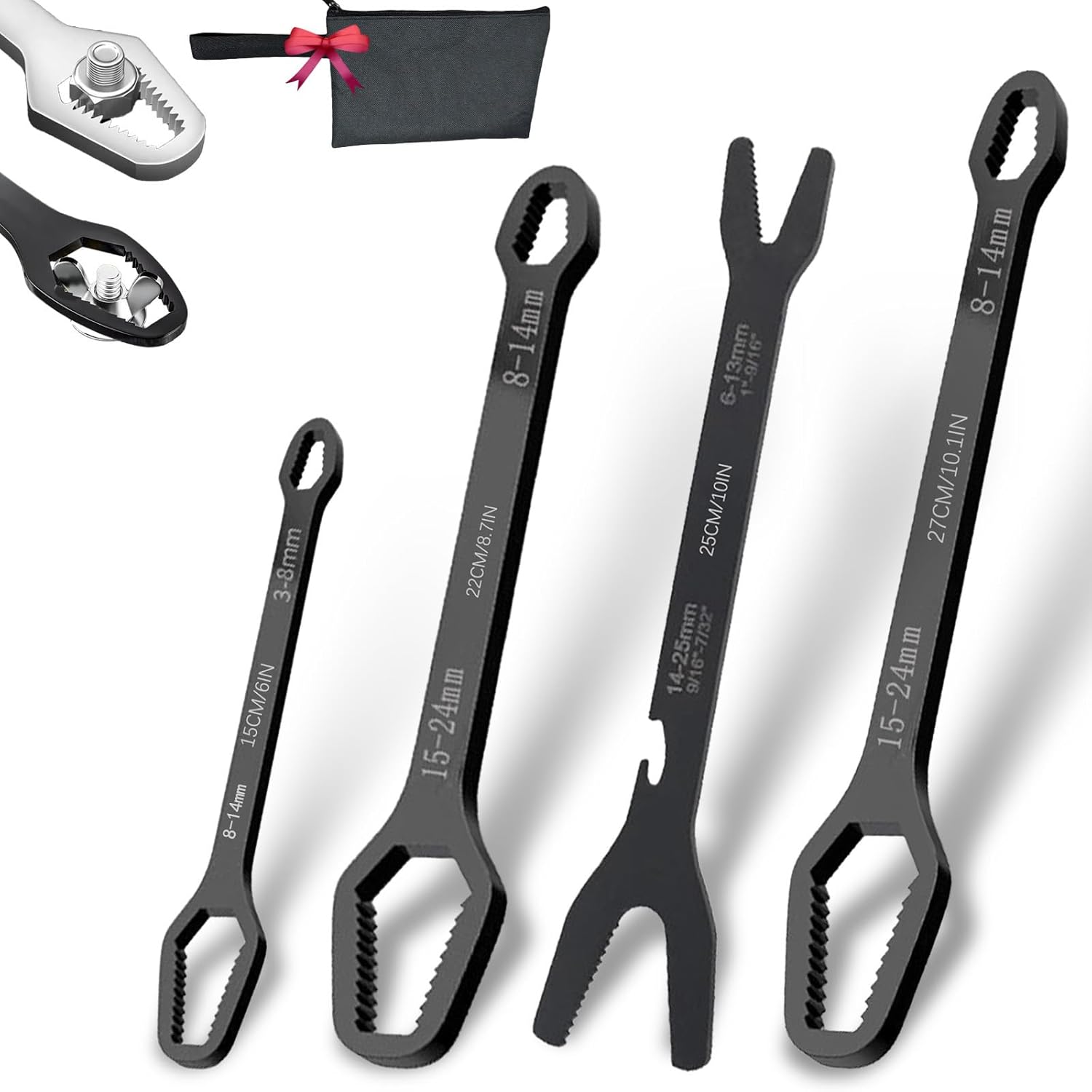 Universal Torx Wrench Set, Double Head Self Tightening Spanner 3-25mm Chrome Vanadium Steel All in One Hand Tool for Car Bicycle Repair, 4-5pcs with Oxford Bag (Black, A+B+D+E)