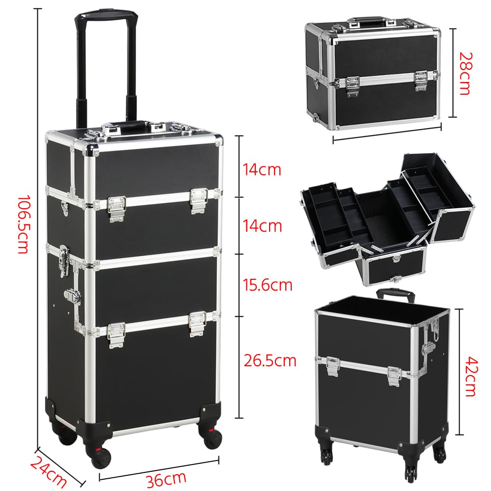 Valigetta Porta Trucchi 3 in 1 Trolley Make Up Beauty Case da Viaggio per Estetista Professionale Grande con Serratura Ruote Girevoli Nero
