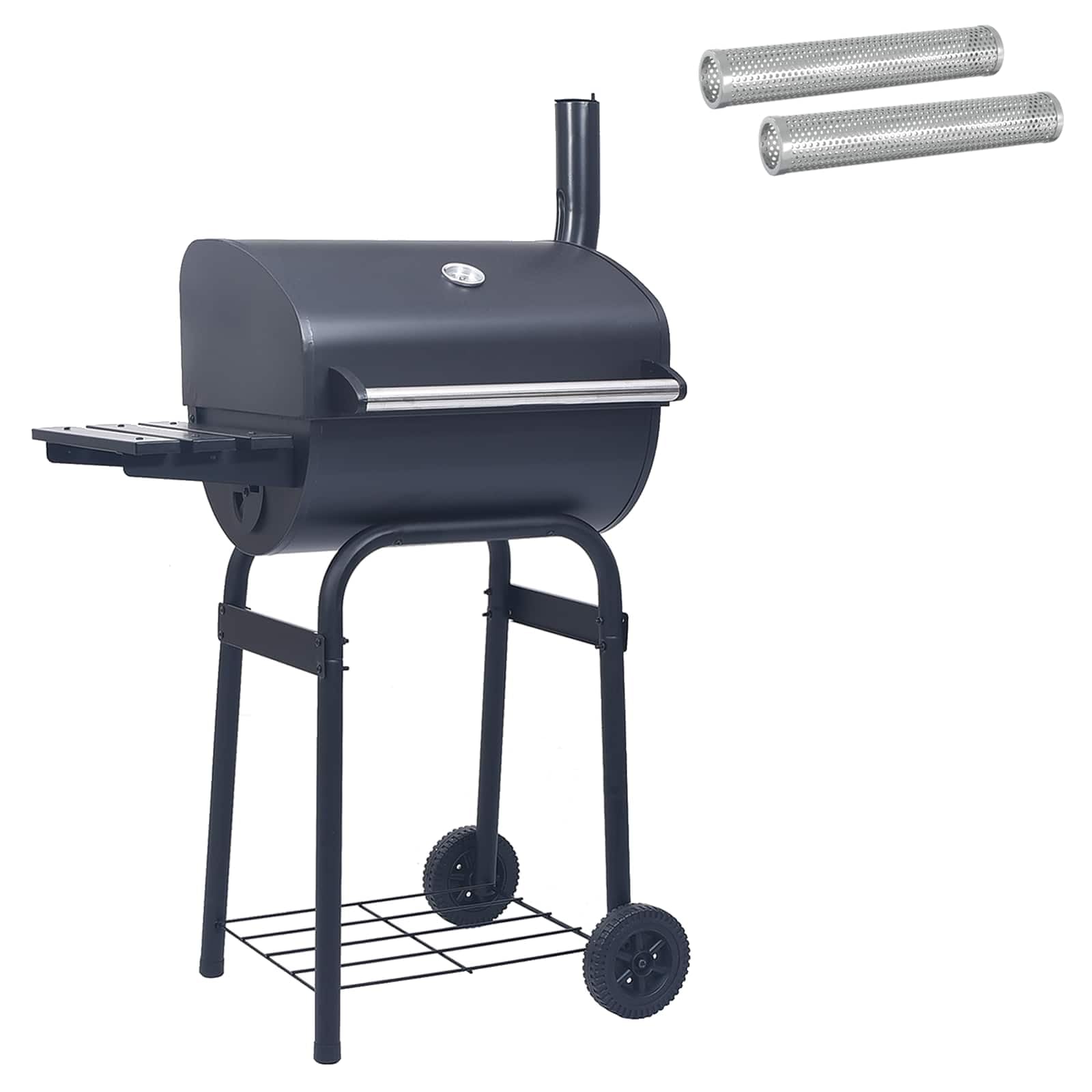Grill węglowy 75 x 48 x 120 cm srebrny | Stal malowana proszkowo, zintegrowany termometr, koła, obszar gotowania Φ37 x 2 sztuki