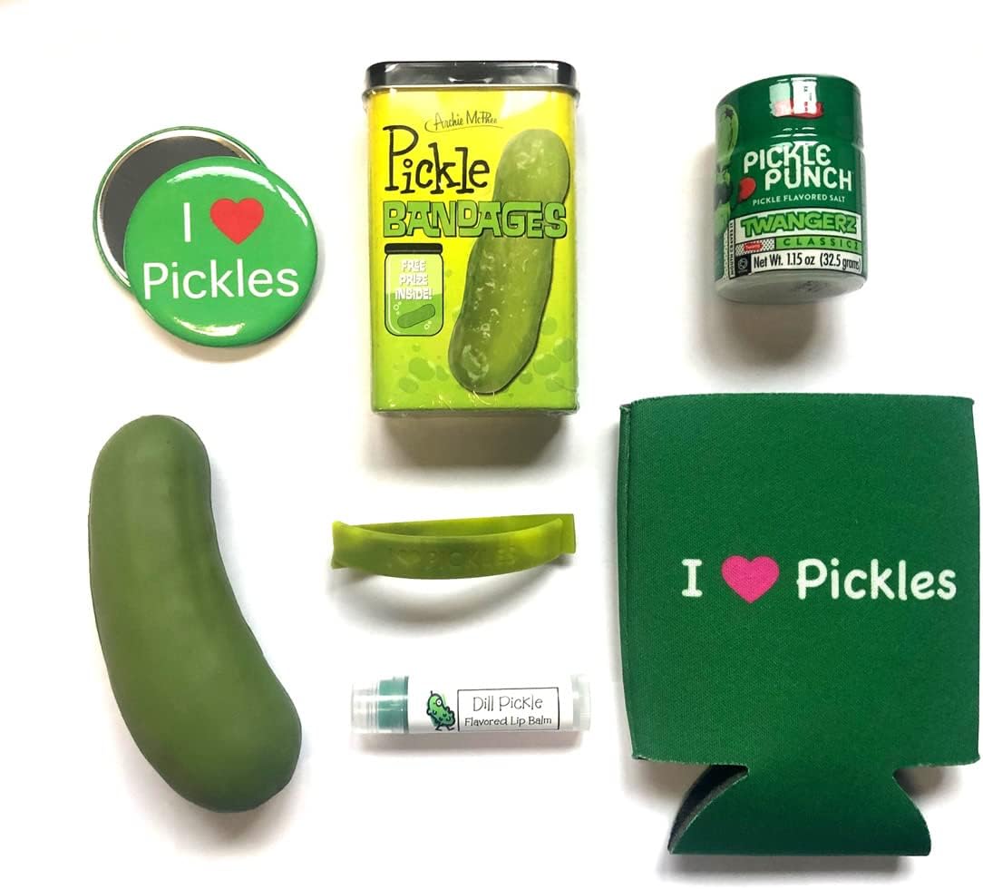 Pickle Addicts Deluxe Lovers Gift Pack (7pc Set) - Bandages, Lip Balm, Mints, Stress Toy, Can Cooler Insulator, Wristband & Dill Salt
