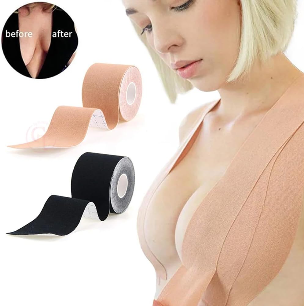 Breast Lift Tape Boob Tape Kit, 2.95 inX16.4 ft Body Tape with 1pairs Reusable Silicone Adhesive Nipple Covers