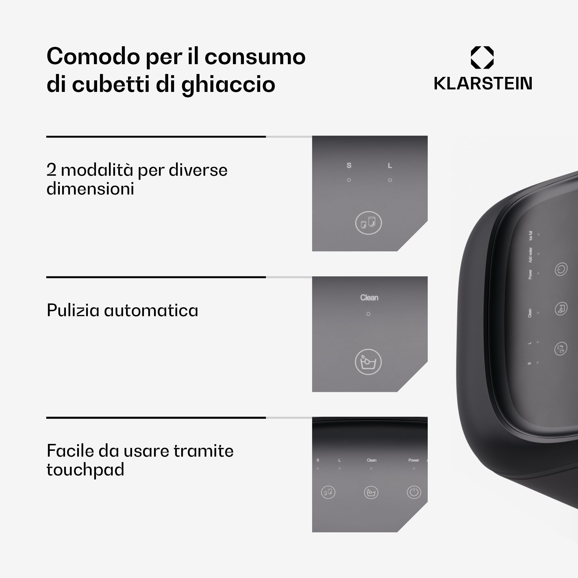 KLARSTEIN SparkIce - Macchina del Ghiaccio, 15 kg/24h, Cubetti in 6 Min, Touchpad, Pulizia Automatica, Cubetti in 2 Dimensioni, Macchina del Ghiaccio da Casa, Ice Maker con Paletta, Nero