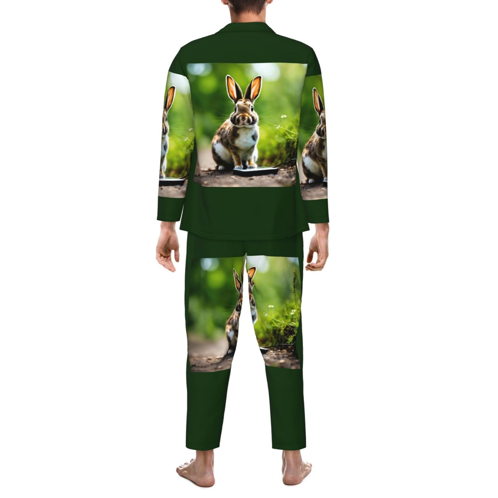 Herren-Pyjama-Set mit Hasen-Motiv, langärmelig, zweiteilig, Hauskleidung, bequeme Nachtwäsche