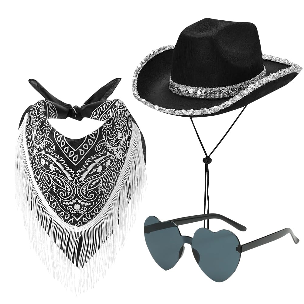 WFKKMEQ Cowboy Hat for Women, 3PCS Cowgirl Hat Set with Bandana Sunglasses Wide Brim Cowboy Hats Western Cowgirl Costume Accessory Fancy Dress Cosplay Costume for Halloween Carnival (Black)