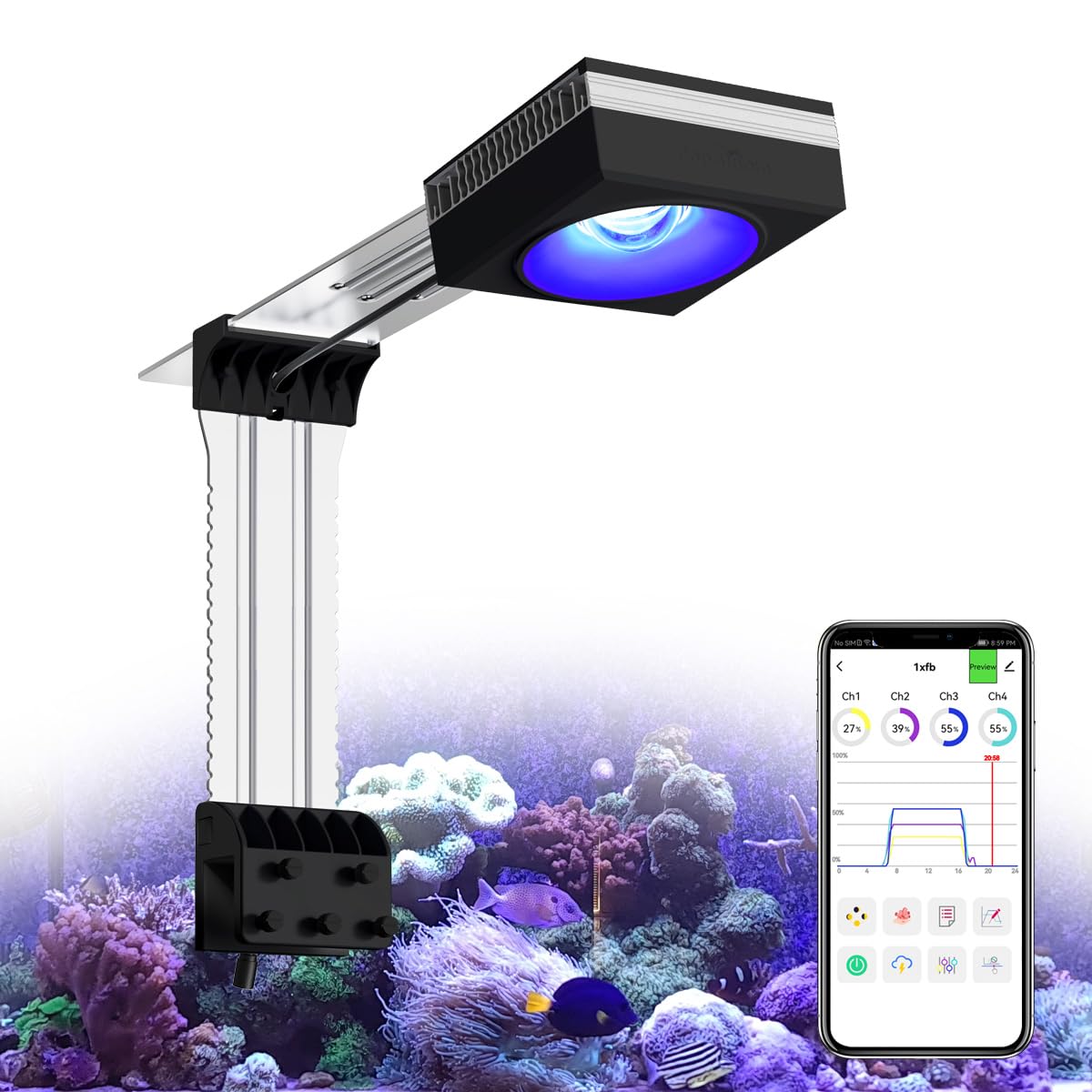 PopBloom RL90 Aquarium LED Reef Light, Smart-APP Control Full Spectrum Marine LED for Saltwater Coral Fish Tanks