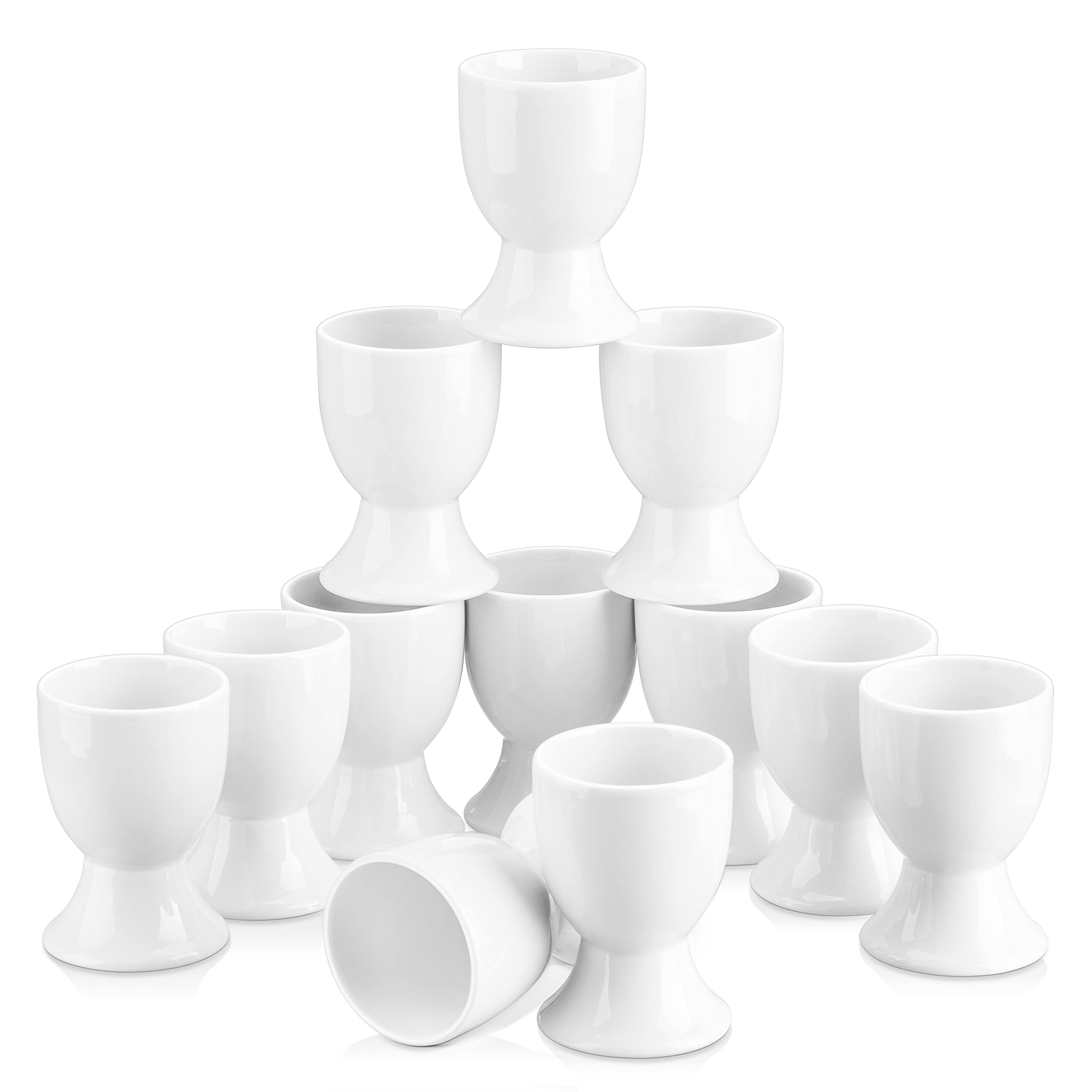 MALACASA Juego de 12 Hueveras de Cerámica, 4,8 x 6,6cm Hueveras para Huevos Cocidos, Hueveras de Porcelana Blanca, Soporte para Huevos Apilable para Huevos Duros y Pasados por Agua