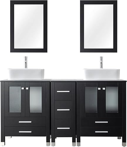 Miniatura 8 de LUCKWIND Fregadero de baño doble de 60 pulgadas, serie elegante con gabinete lateral, construcción de madera maciza y marco pintado, incluye