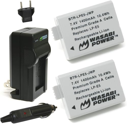Wasabi Power Paquete de 2 baterías y cargador para cámaras Canon LP-E5 y Canon EOS seleccionadas (7.4 V, 1400 mAh, tiempo de carga de 3 horas)