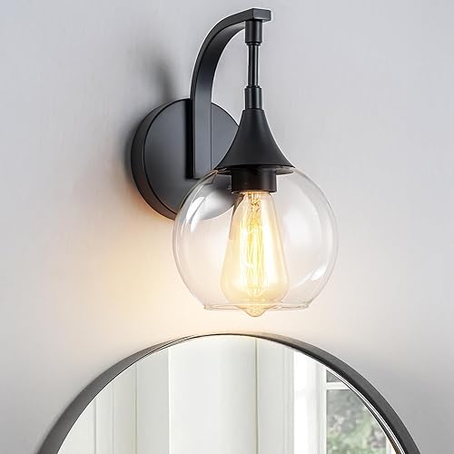 Lámpara de pared negra, moderna lámpara de tocador con pantalla de vidrio transparente de 4.9 pulgadas, luces de pared de granja para sala de estar,