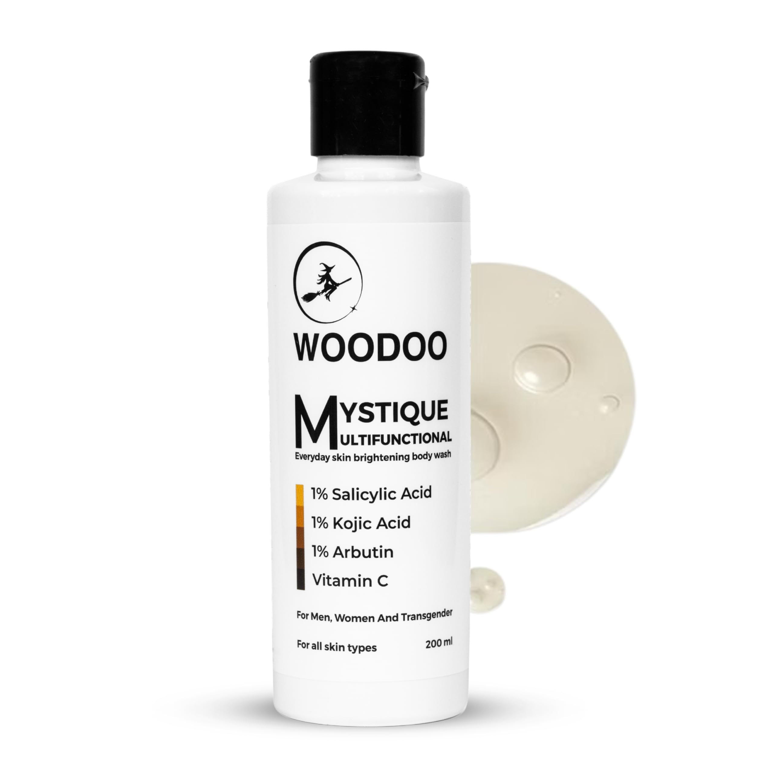 WOODOO Mystique Multifunctional Brightening Body Wash 200ml | 1% Kojic Acid, 1% Salicylic Acid, 1% Arbutin & Vitamin C | Helps Reduce Tan, Dark Spots, Body Acne & Strawberry Skin | For Men & Women-image-29