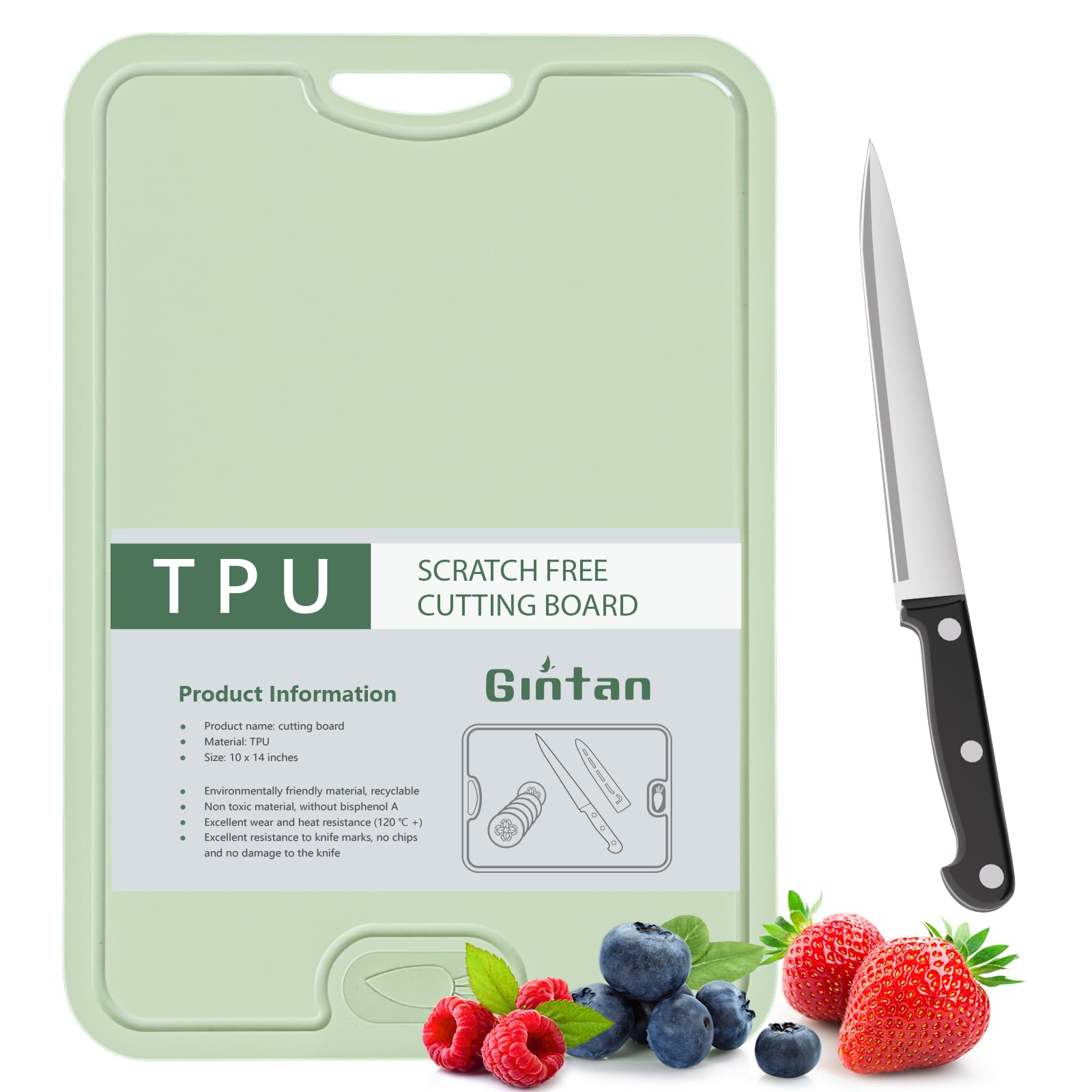 Gintan Flexibles TPU Schneidebrett, BPA-frei, mit Messer- und Saftrille, kratzfeste flexible Schneidebretter für die Küche, spülmaschinenfest, griffiger Griff, rutschfest (Grün)