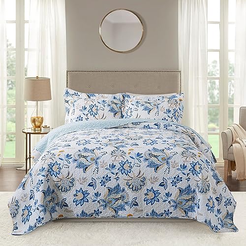 NEWLAKE Cotton Bedspread Quilt Sets-Reversible Patchwork Coverlet Set, Gorgeous Floral Pattern, King Size