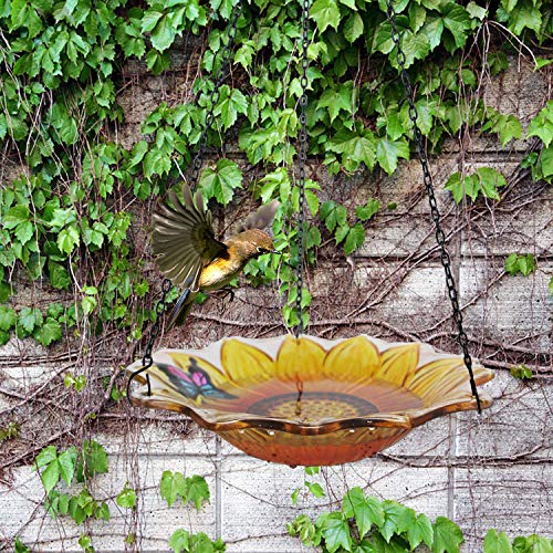 Cyleodo 11 inch Hanging Bird Bath Glass Bird Bath Sunflower Print with Butterfly Outdoor Glass Bowl Feeder for Patio,Garden,Yard