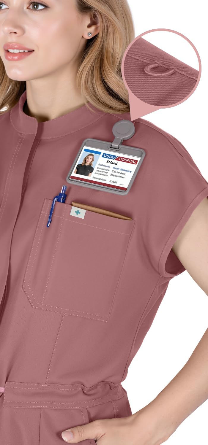 Scrub Jumpsuit for Women - Stand-Up Collar One Piece Scrubs, 7 Pockets Comfortable Scrubs Set for Nurses & Doctors
