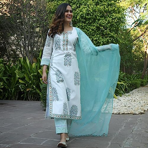 Image of Sidhidata Women's Cotton Blend Printed Kurta Pant and Dupatta Set