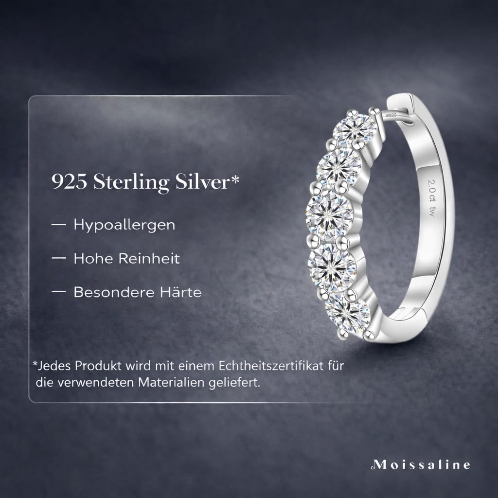 Vergoldete Creolen, Moissanit Diamant 925 Sterlingsilber, Huggie Ohrringe Brillantschliff hypoallergen Silberstift inkl. Geschenkbox & GRA Zertifikat, Damen