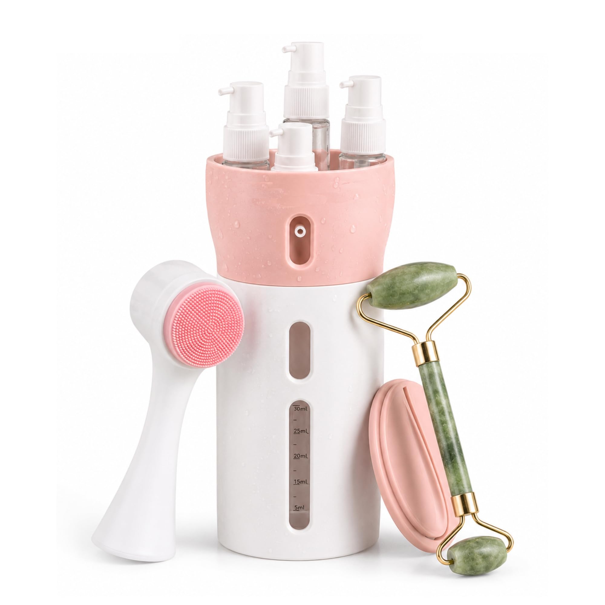 Kit de Viagem para Limpeza Facial: Dispenser c/4 Frascos, Escova e Rolo de Jade