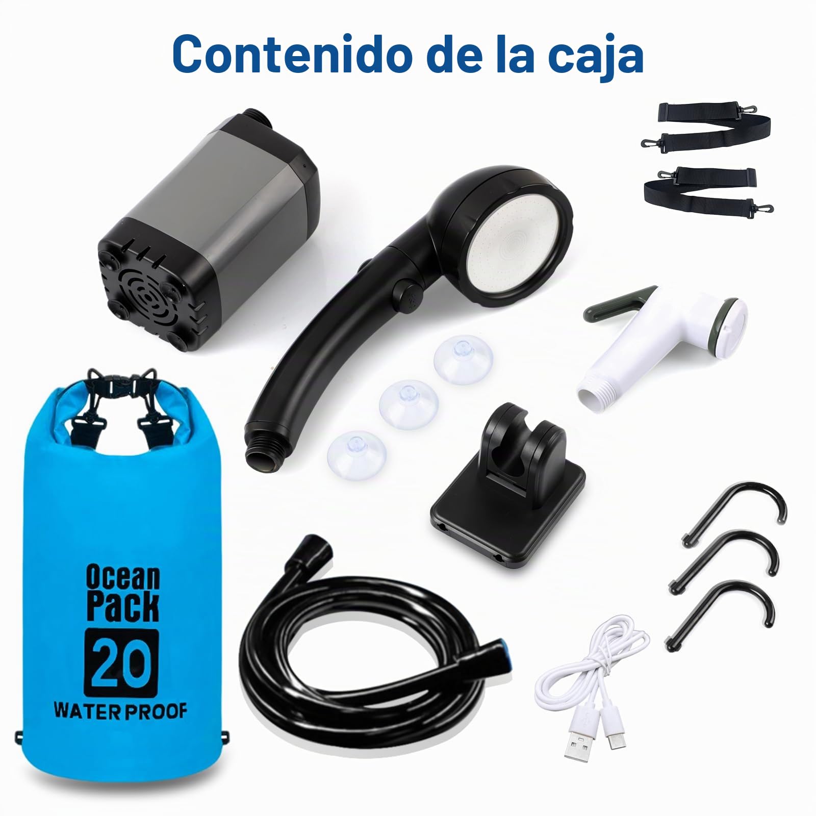 Ducha de Camping portátil, Bomba de Ducha de Camping con batería Recargable 6000mAh y indicador de Temperatura, Cabezal de Ducha Multifuncional y Tubo 2M, cubeta Plegable de 20L